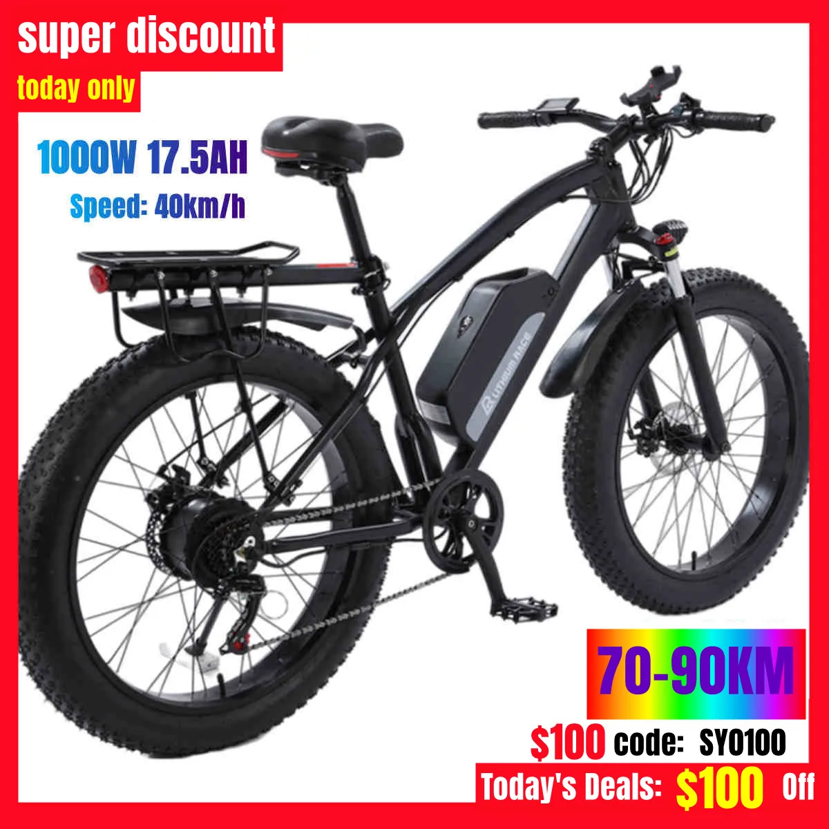 

26 inch 4.0 tire electric bicycle 48V1000W aluminum alloy beach electric bicycle 17.5AH city commuter electric motorcycle