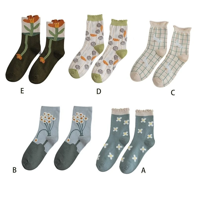 

Q22D женские весенние хлопковые носки с винтажным цветочным принтом и пузырьковой отделкой, чулочно-носочные изделия