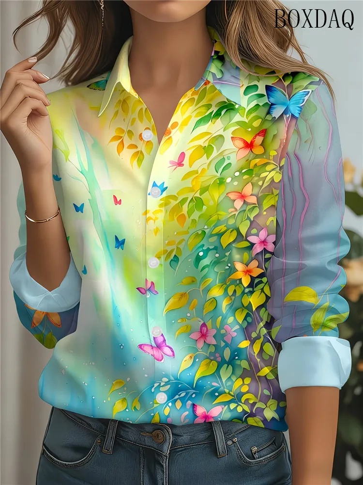 New 2026 Summer Women's Shirts Fashion Tie Dye Gradient Butterfly 3D Print Blouse Casual Lapel Women's Long Sleeve Shirts Tops