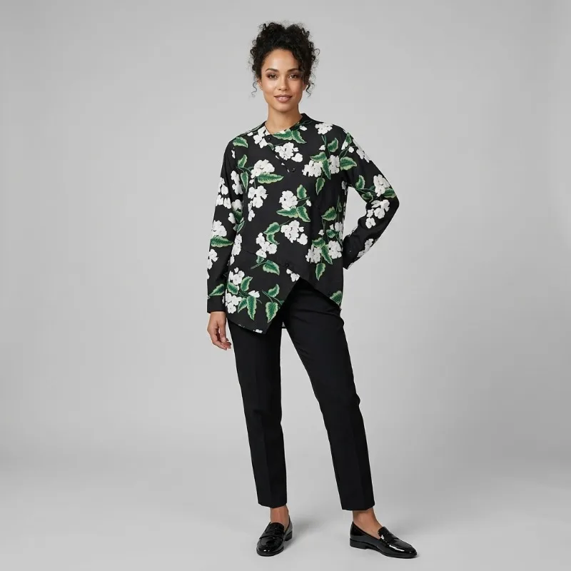 

Женские элегантные блузки Yeezzi с цветочным принтом, асимметричным вырезом, воротником-стойкой, длинными рукавами, на пуговицах, повседневные офисные рубашки-топы