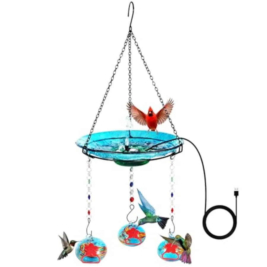 

Hand Blown Glass Hummingbird Feeders for Outdoors and Bird Bath 2-in-1 for Small Birds - Hanging Hummingbird Feeder Bird Bath f