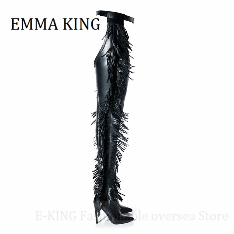 Women Black Fringe Chap Boots Sexy Pointy Toe Stiletto Heels Over The Knee Boots Western Waist Strap Cowboy Botas De Mujer 44