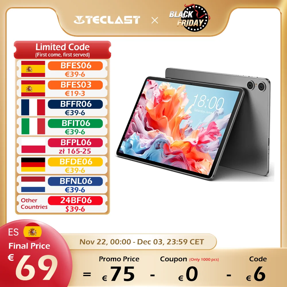 Teclast P30T Android 14 tablet, 10.1 inch, (4 + 6) Max 10GB RAM, ROM 128GB, 1280x800 IPS, Allwinner A523, 8 cores, type C, 6000mah, BT 5.4, Wi-Fi 6