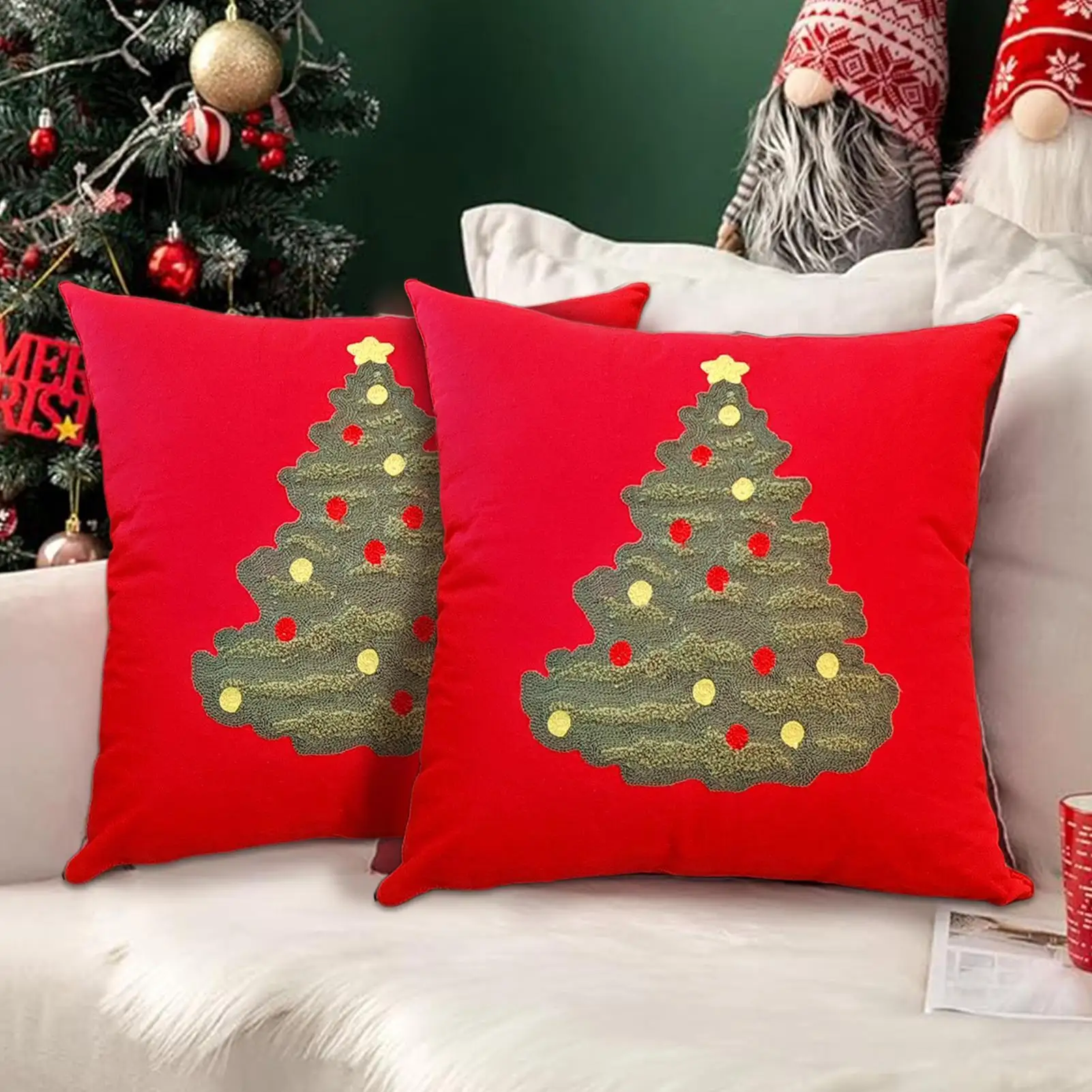 

Pillow Covers Christmas 18x18 Inch Embroidered Square Pillow Case Decor Living Room Cushion Cover For Farmhouse Bedroom Winter
