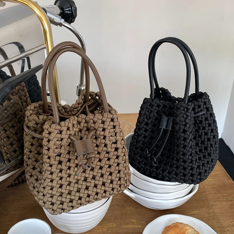 Fashion Women Woven Basket Tote New Drawstring Luxury Design Neoprene High Quality Handbags Simple Vintage Crossbody Bags Female