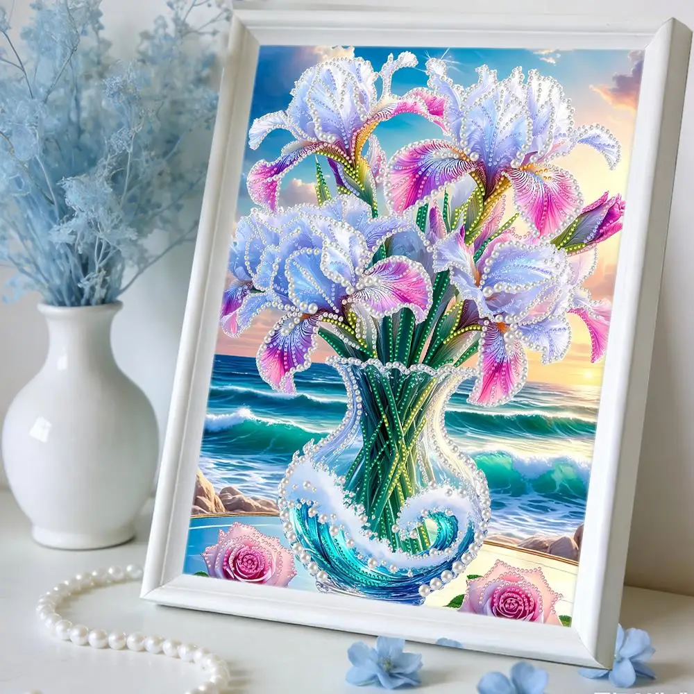 Huacan DIY Pearl Diamond Art Painting kits for Adults Beginners Seaside Lris Art Painting Craft Home Wall Decor handmade Gift
