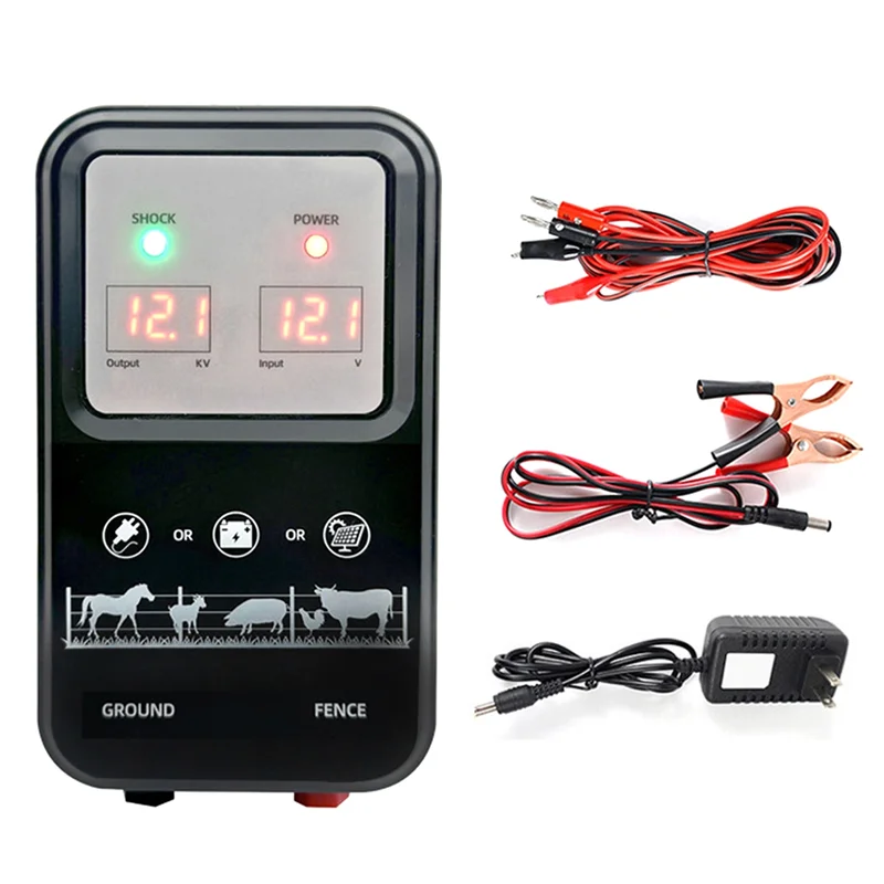 A74E-LCD Voltage Display Electric Fence 10KM Controller Tool Insulators For Poultry For Livestock Sheep Cattle US Plug
