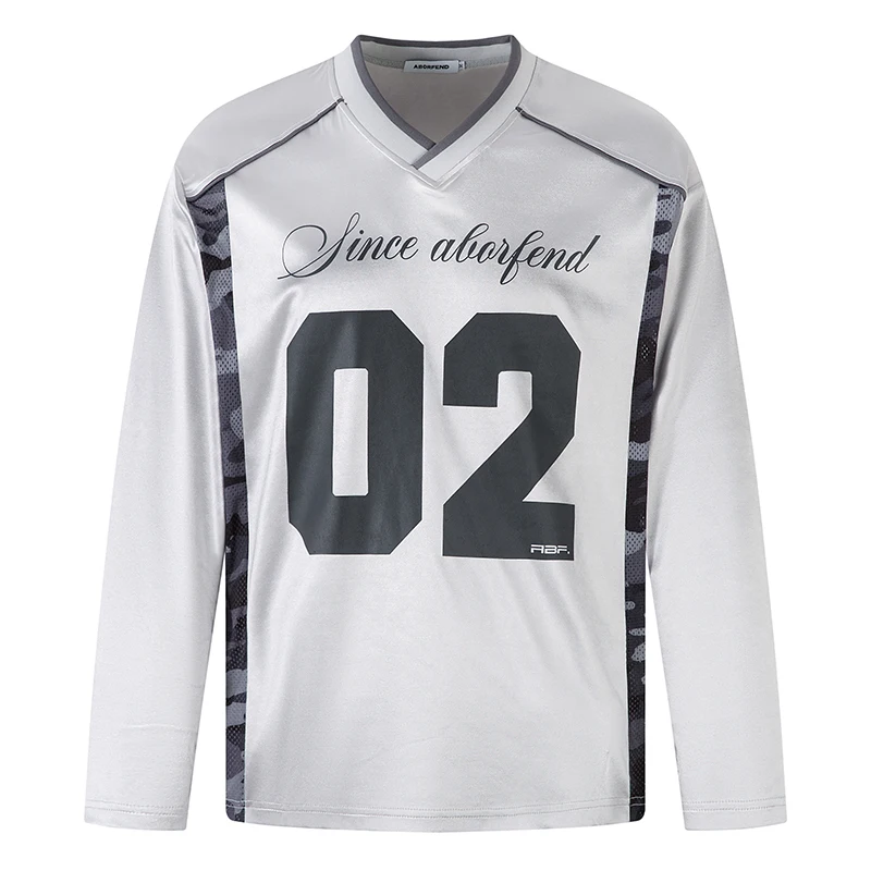 

Mens V-Neck Long Sleeve Sports T-Shirts Number Print Patchwork Camouflage Streetwear Harajuku Casual Loose Fit Top Tee Clothing