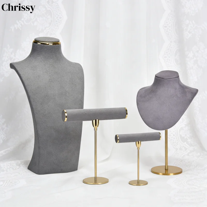 

Professional Display Set for Boutique Shop, Gray Velvet Bust with Metal Earring/Bracelet Stand & Ring Trays, Market Stall