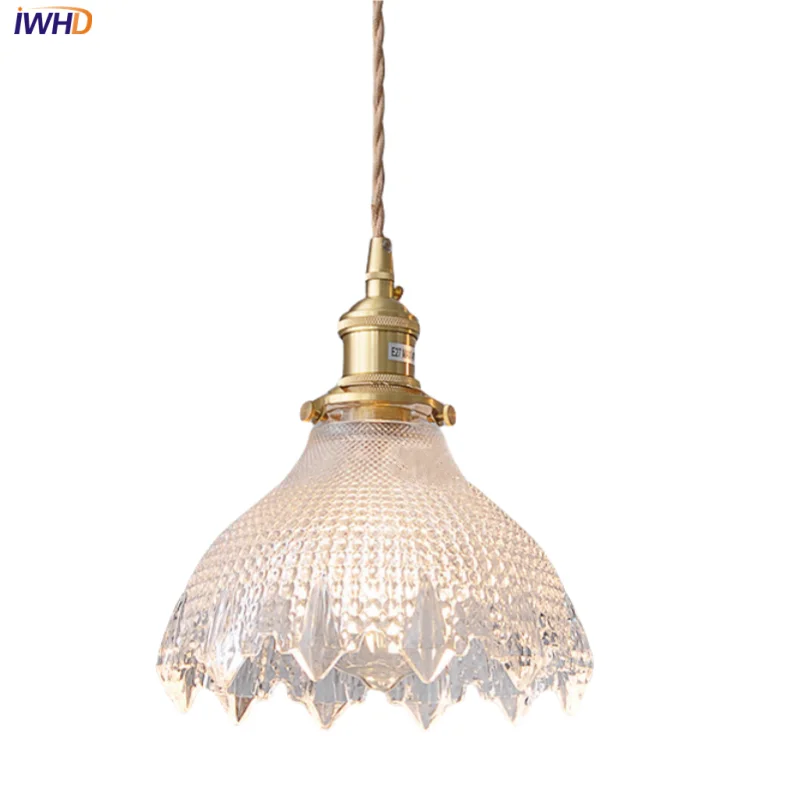 

IWHD Modern Clear Glass LED Pendant Lights Aisle Living Room Study Kitchen Light Brass Knob Switch Hanging Lamps Lampara Madera