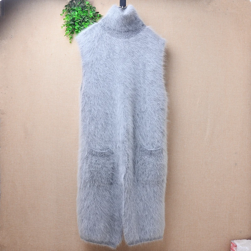 04 Ladies Women Fall Winter Clothing Grey Mink Cashmere Knitted Split Turtleneck Slim Blouses Pullover Long Sweater Dress Vest