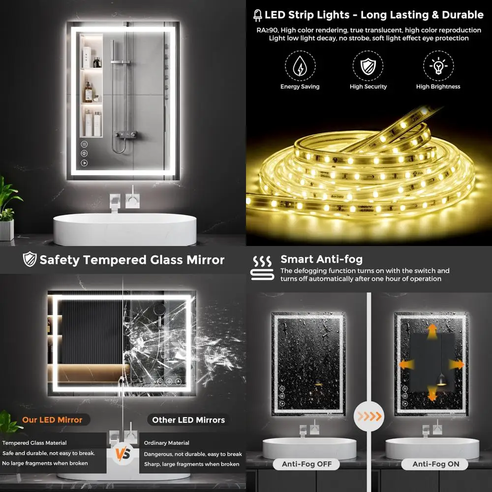 

LED Backlit and Front Lit Bathroom Mirror, 20x28 Wall Mounted, 3 Color Options, Anti-Fog, Dimmable, with LED Lights for Enhanced