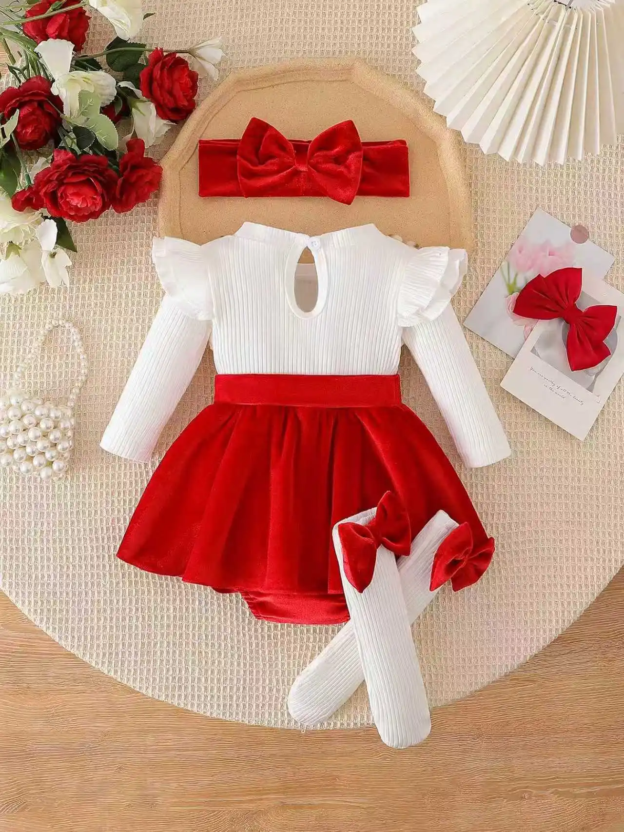 Baby girl autumn and winter golden velvet one-piece dress with crotch and headband and bow decoration sock set, three piece set