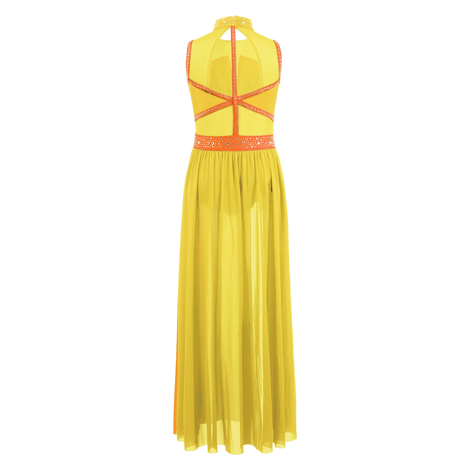 Kids Girls Lyrical Dance Dress Sleeveless Rhinestones Split Mesh Leotards Dress Figure Skating Ballet Dance Performance Costume