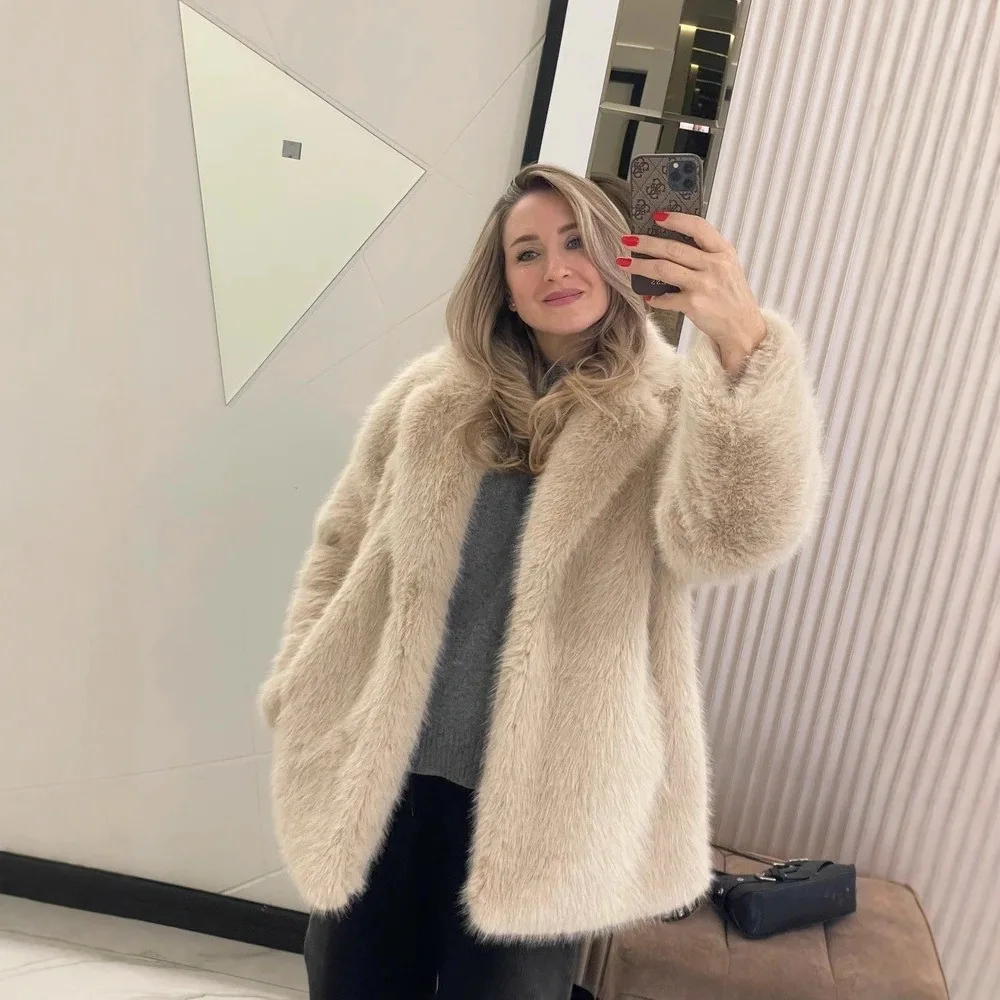 

Minimalist Women Winter Faux Fox Fur Jakcet Casual Stylish Solid Lapel Collar Lady Eco Fur Outwear Slouchy Female Mink Fur Coat