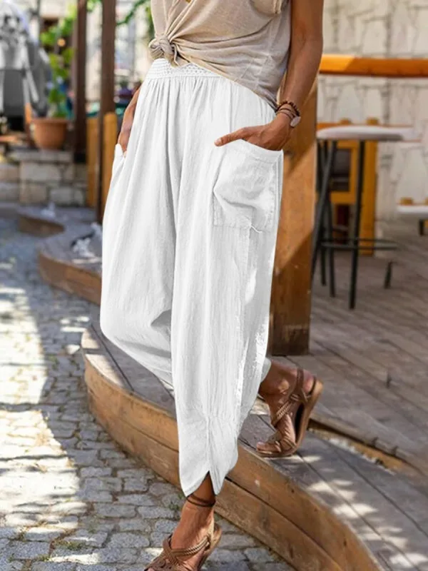 2024 Women Spring Summer Vintage Boho Cotton Linen Beach Pants Female High Waist Solid Loose Pockets Trousers Casual Pantalones