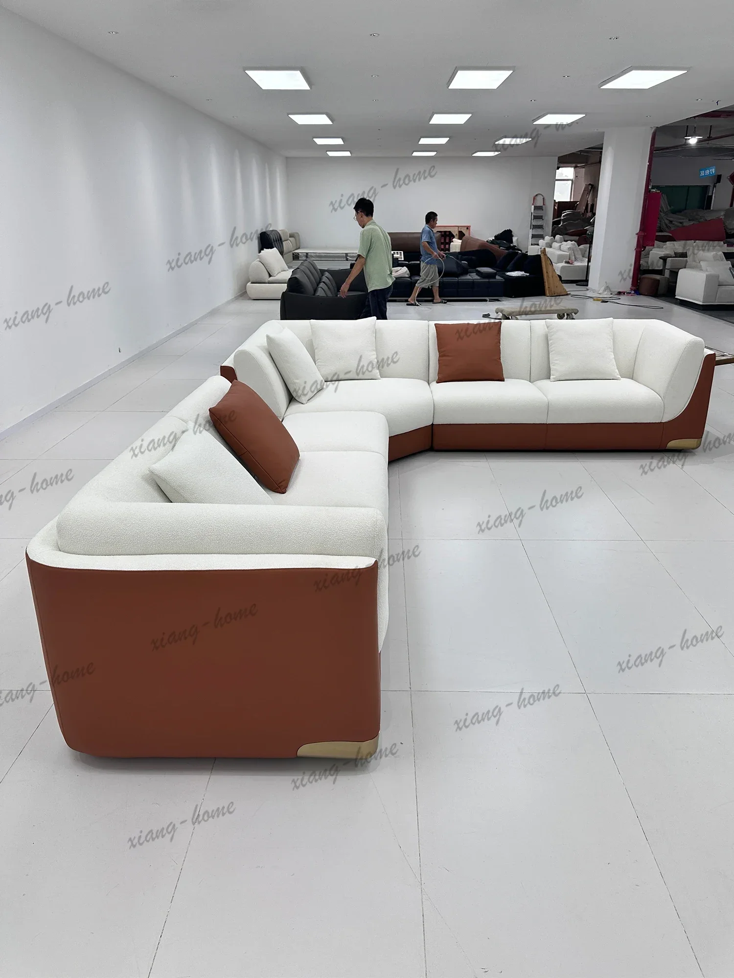 PG White Boucle U Shaped Modular Sectional Sofa Cognac Accent Brass Feet Pillow Backrest Deep Seat For Living Room Villa Bedroom