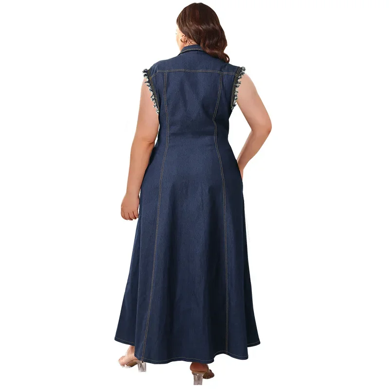 2025 zomer knop plus size shirt denim jurk vrouwen turn-down kraag grote jean jurk dames grote mouwloze geplooide lange jurk