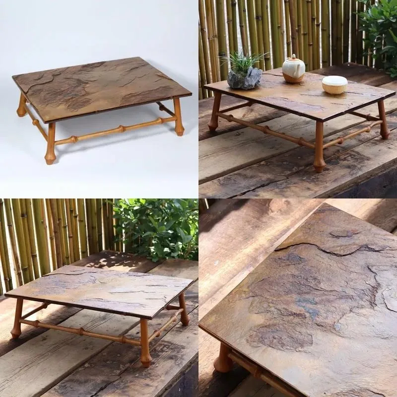 Hand Woven Wooden Rectangular Low Coffee Table Eco Friendly Decorative Desktop Ornament for Living Room Meditation