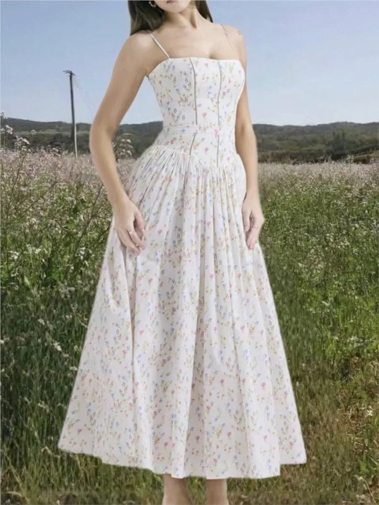 

Summer Women Floral Spaghetti Strap Long Dress Fashion Graduation Robe Elegant Concert Hollow Out Country Holiday Sun Dress New