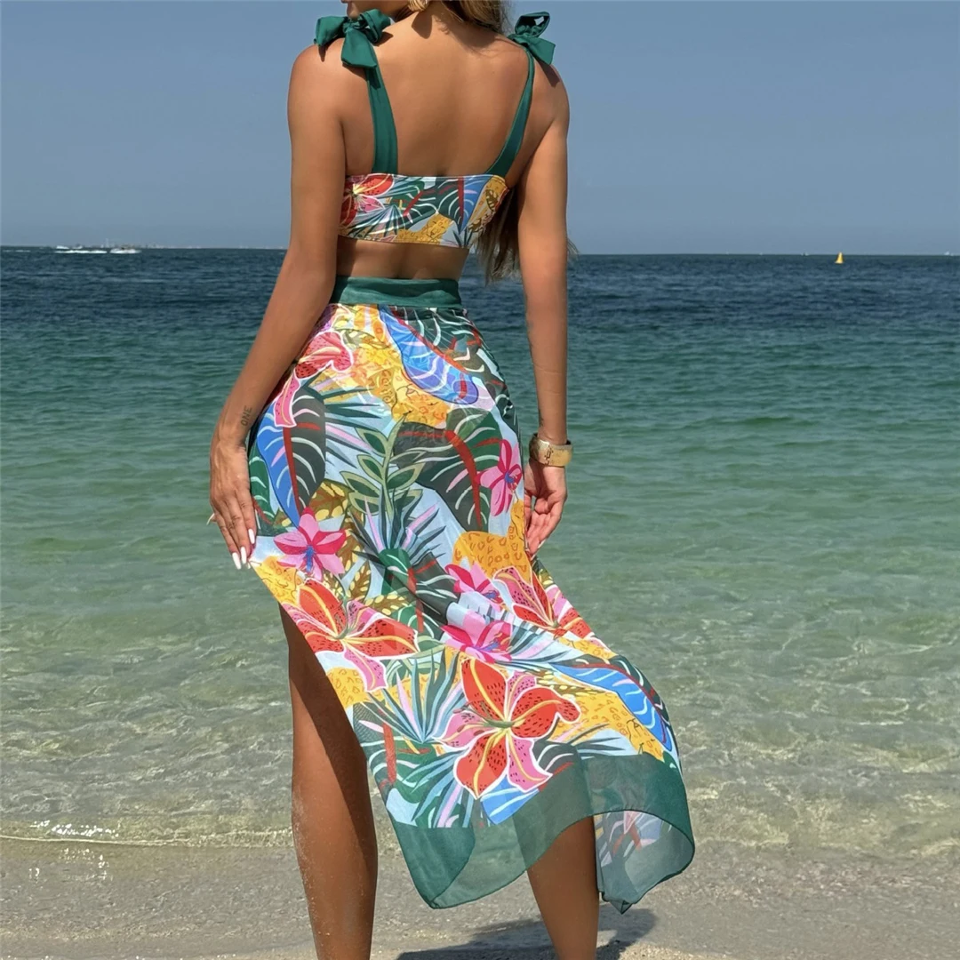Neuer, bedruckter Badeanzug mit Sarong, hochtaillierter Bikini, dreiteiliges Bikini-Set, Damen-Badebekleidung, Badeanzug, Badebekleidung, Schwimmbekleidung V6349 – Detail 6