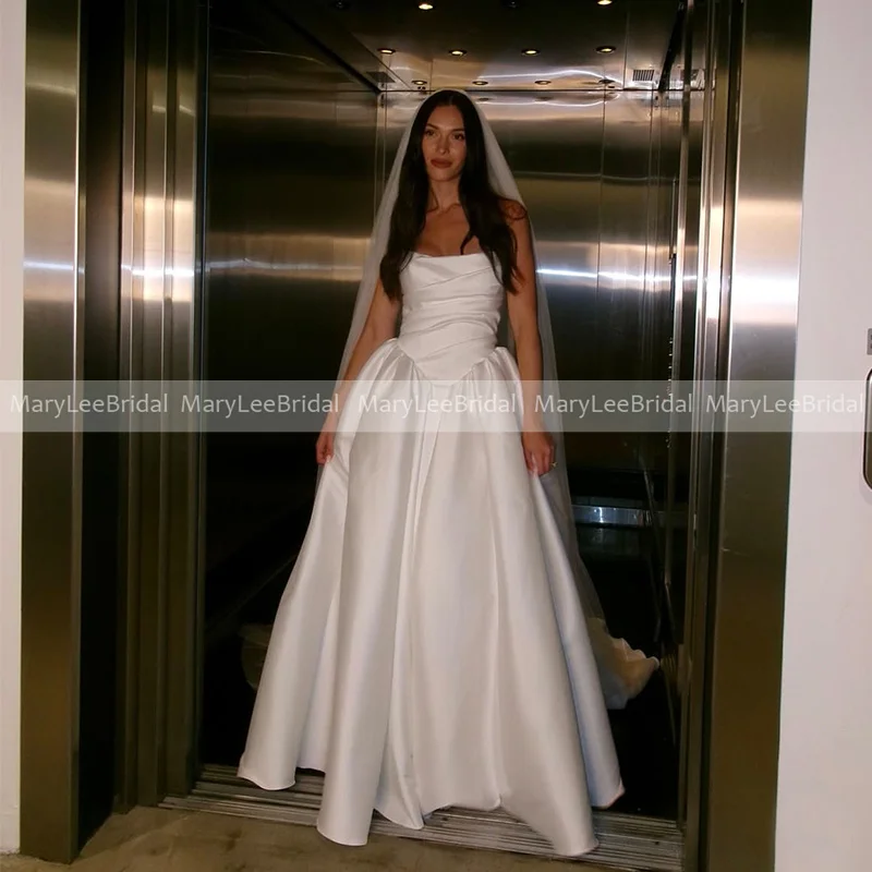 

Классическое атласное бальное платье для свадьбы, без бретелек, плиссированное, из атласа, с завышенной талией, свадебное платье принцессы для церковной церемонии, на заказ