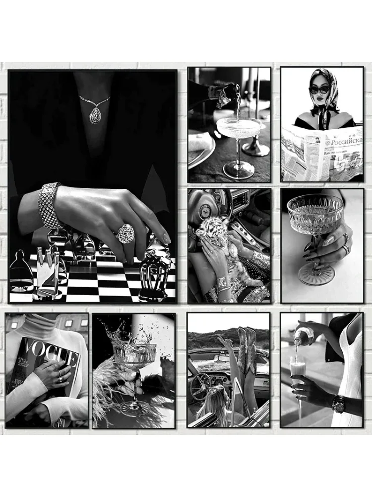 Affiche de luxe moderne pour femmes, Champagne, vin, Sexy, lire, noir et blanc, peintures sur toile, images d'art murales, décoration de maison