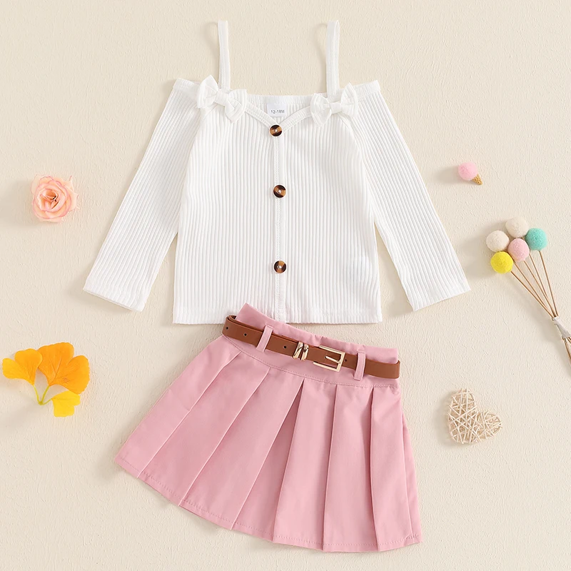 Little Girl Fall Outfit Bow Cold Shoulder Long Sleeve Tops Mini Pleated Skirt with Belt for School Daily Party