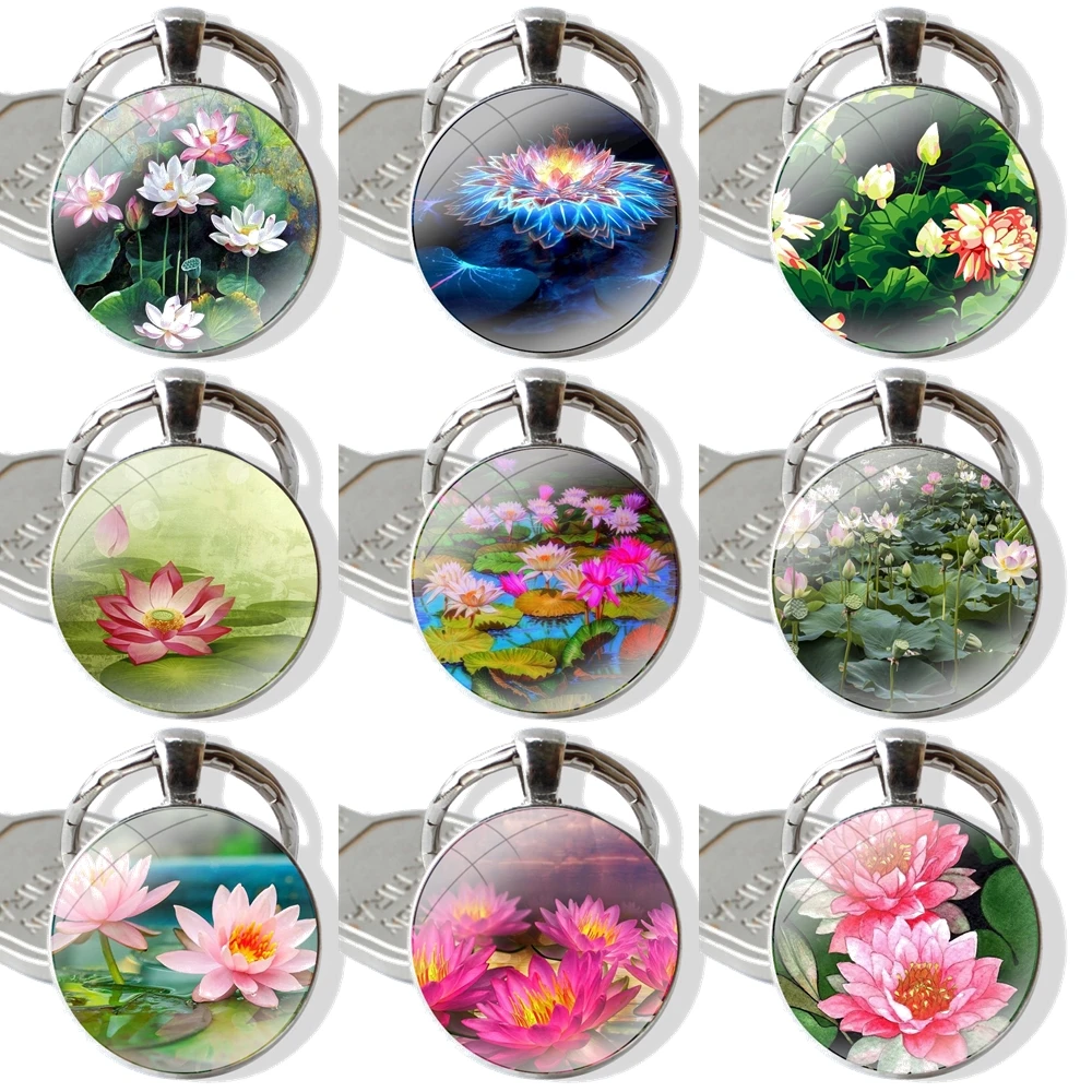 Keychain Handmade Glass Cabochon Key Ring Holder Pendant Key Chains Lily Lotus Flower Painting