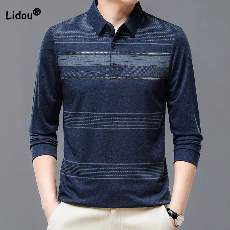 2023 Spring Autumn Casual All-match Striped Polo-Neck T-shirt Male Clothes New Fashionable Classic Thin Men\'s Long Sleeve Tops