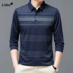 2023 Spring Autumn Casual All-match Striped Polo-Neck T-shirt Male Clothes New Fashionable Classic Thin Men's Long Sleeve Tops