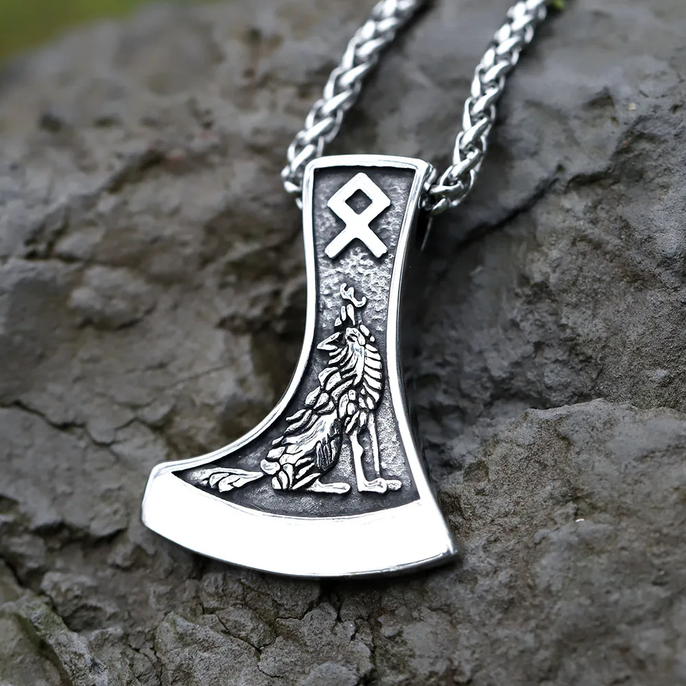 2022 NEW Men\'s 316L stainless-steel Viking Celtic Wolf Raven Axe Pendant Necklace scandinavian Jewelry Gift free shipping