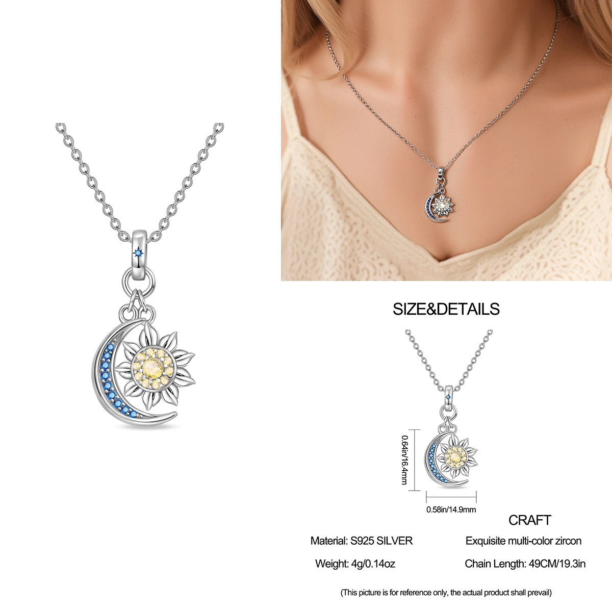 

Original 925 Sterling Silver Moon Sun Necklace Minimalist Premium Zirconia Jewellery Birthday Wedding Anniversary Women Gift