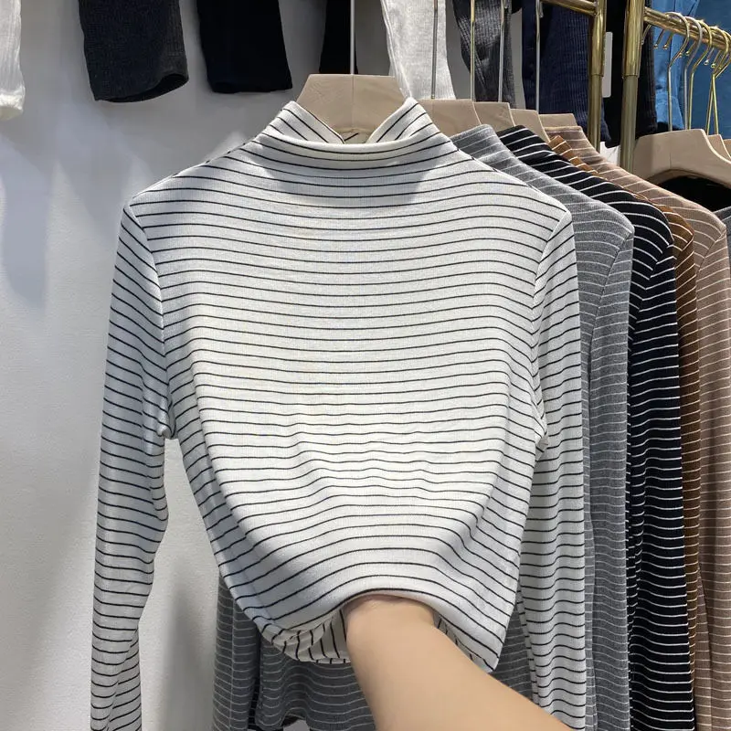 Cotton Semi High Neck Long Sleeved Striped T-shirt Top for Women Korean Version Slim Fit Versatile Base Shirt