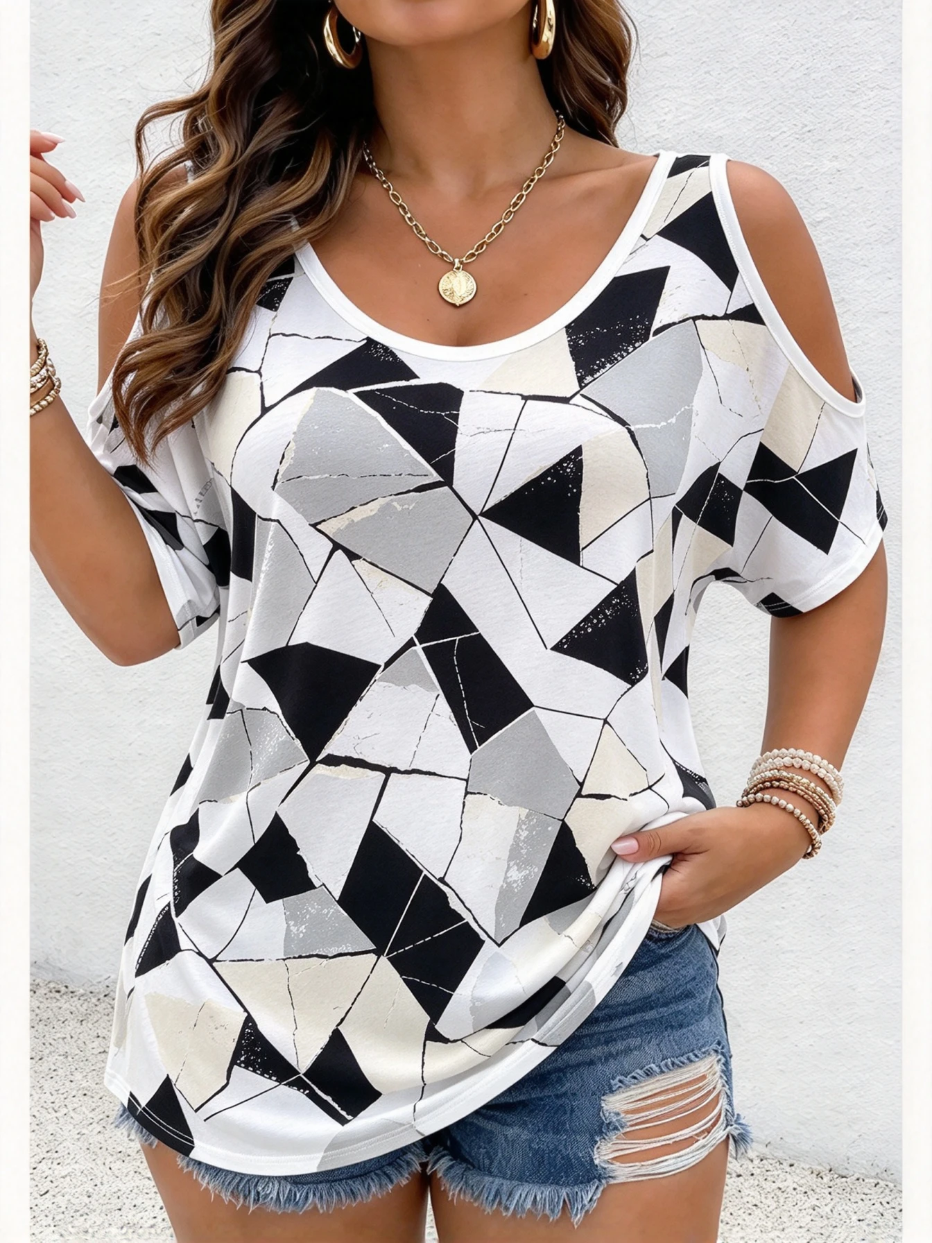 Women's Cold Shoulder T-shirts Funny Geometric Triangle Print Short Sleeve Tees Casual O-neck Loose Blouse Tops Female Clothing