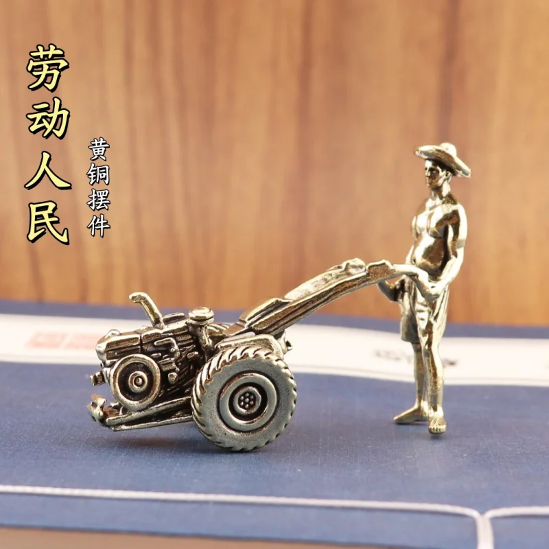 Pure Brass Working People's Walking Tractor Ploughing Retro Home Decoration Office Desk Surface Panel Crafts Ornaments