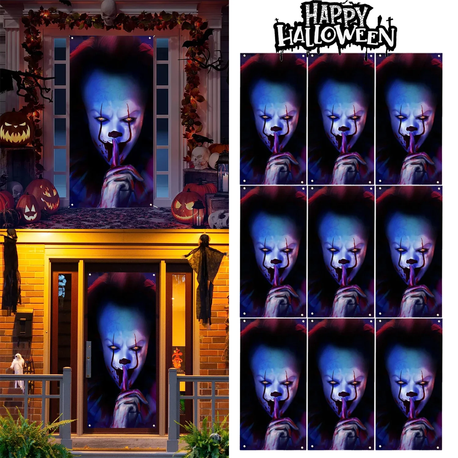 Silent Gesture Horror Door Cover Scary Clown Return Curtain Spooky Halloween Decor Terrifying Living Room Party Night Accessory