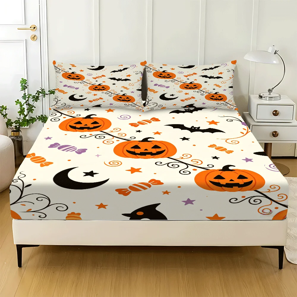 3-Piece Mattress Protector Set, Halloween Party Decorations, Gentle and Skin-Friendly 2D Printed Bedding, Mattress Cover, Minimalist Style, Christmas, Birthday Party, Mattress Cover Suitable for All Seasons, Machine Washable, Suitable for Home, Dormitory, Master Bedroom, Guest Room, Soft and Skin-Friendly, Dust-Proof and Mite-Proof, High Elasticity Fit