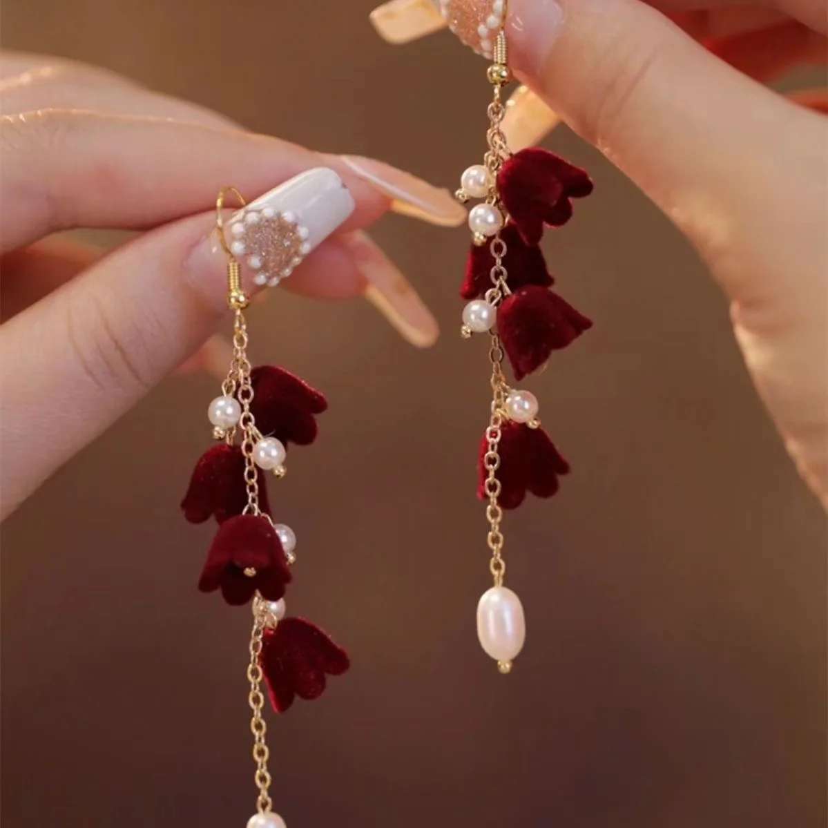 Burgundy Bow Dangle Earrings Long Tassel Pearl Pendant Flocking Earrings Women Lucky Wedding Jewelry Girl Gift Party Accessories