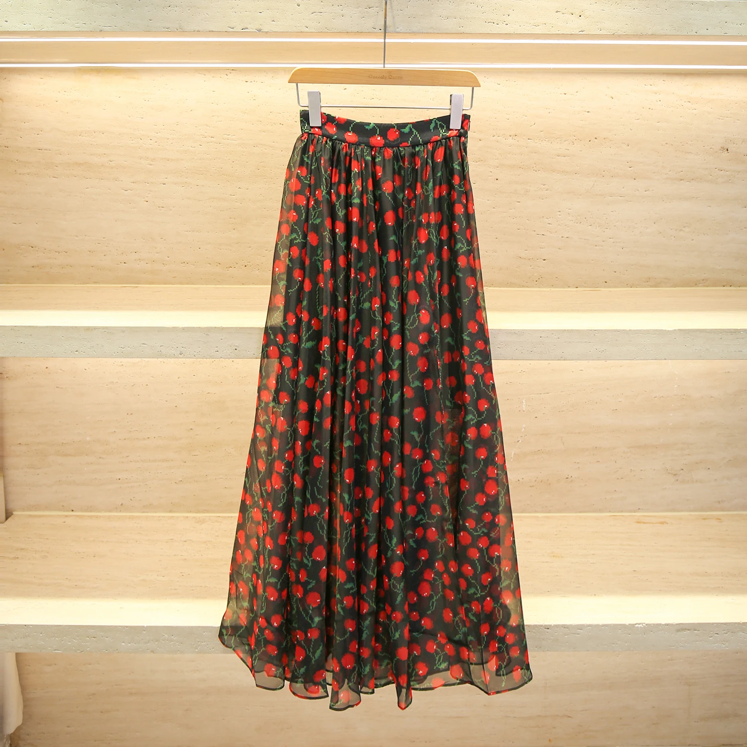 Midi-rok met hoge taille Kersenprint Zomer Vaion Sle A-lijn Zijde Georgette f-lengte Premium Faion-rok voor dames