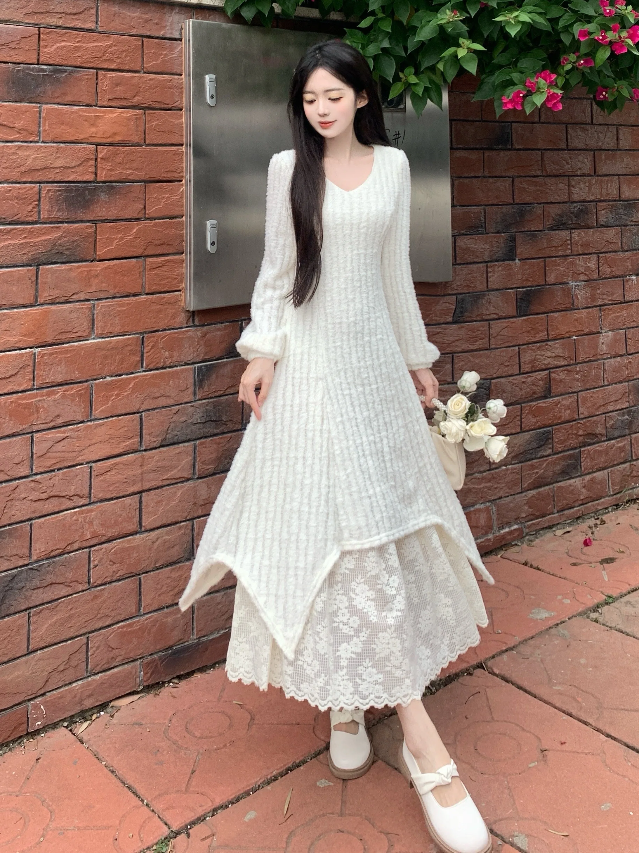 

Женское платье больших размеров с длинным рукавом, кружевное, утепленное, А-силуэт, осенне-зимнее, новое, теплое, повседневное, в корейском стиле, приталенное