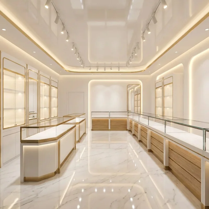 custom.Modern White & Wood Grain LED Lighting Eco-Friendly Jewelry Display Counter Set Mall Retail Boutiques