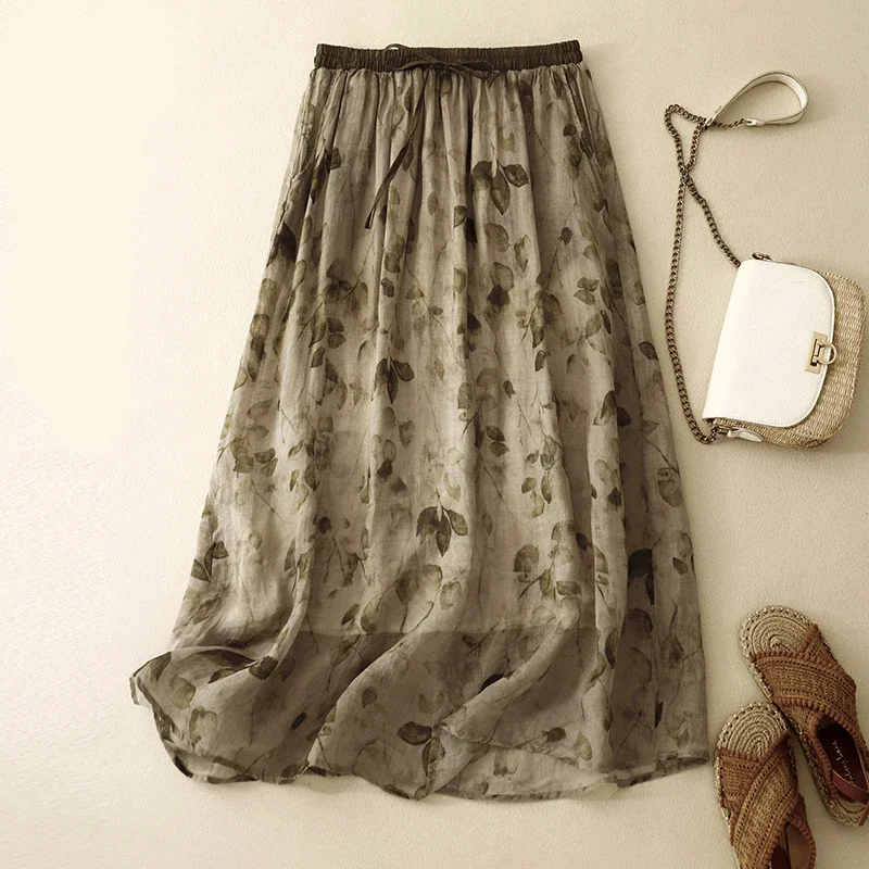 PopCotton And Linen Double-layer Printed High Waist Skirt Women's Summer New Retro Artistic Loose Lace-up Casual Long Skirt