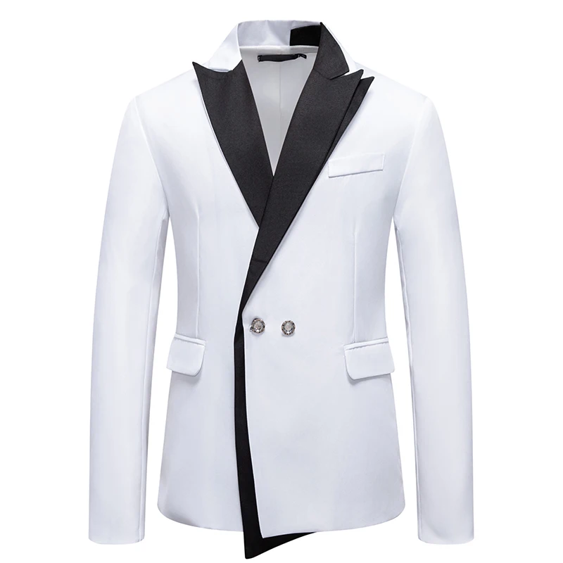 Luxury Designer Men Blazer Jacket Black White Patchwork Saco Formal Hombre Business Gentleman Suit Blazer Man Elegant Dress Coat
