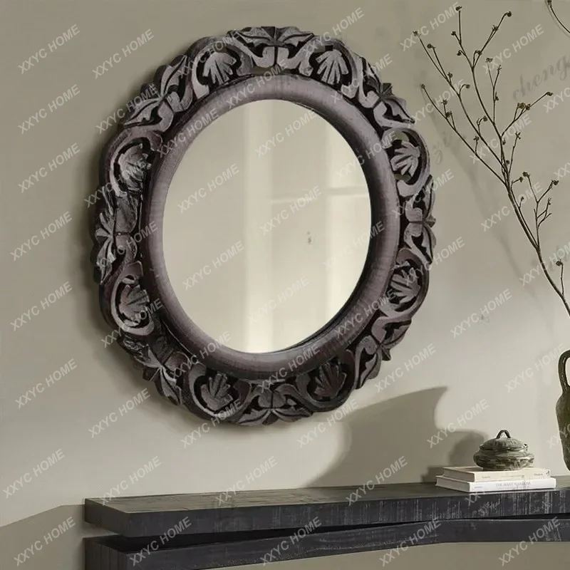 XXBeautiful retro carved round mirror wall hanging full body, home dressing, carved makeup, bathroom mirror