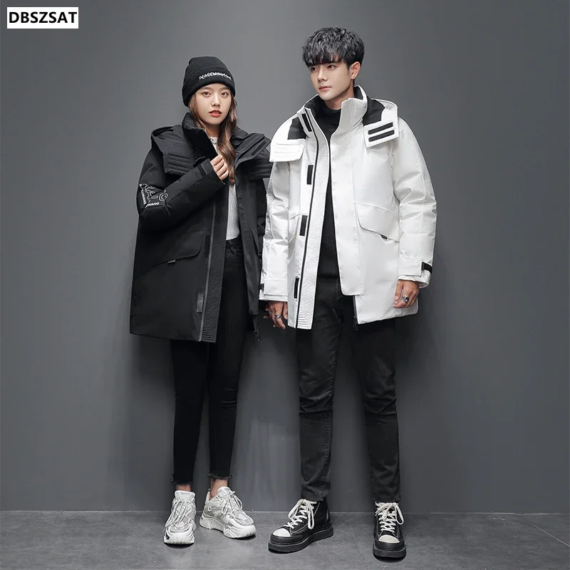 2023  Winter New Down Jackets Couple  Mid-length Fashion Hooded Jacket Winter White Duck Down Plus Velvet Thickening Warm Coat