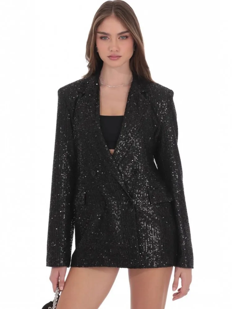 Elegant Sequin Blazer Coat For Women Fashion Lapel Oversized Suit Jackets 2026 New Spring Autumn Office Lady Casual Outerwear