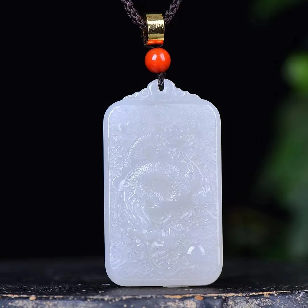 Hetian Jade Qinghai Material First-Class White Dragon Eight Treasures Pendant Jewelry 1439#