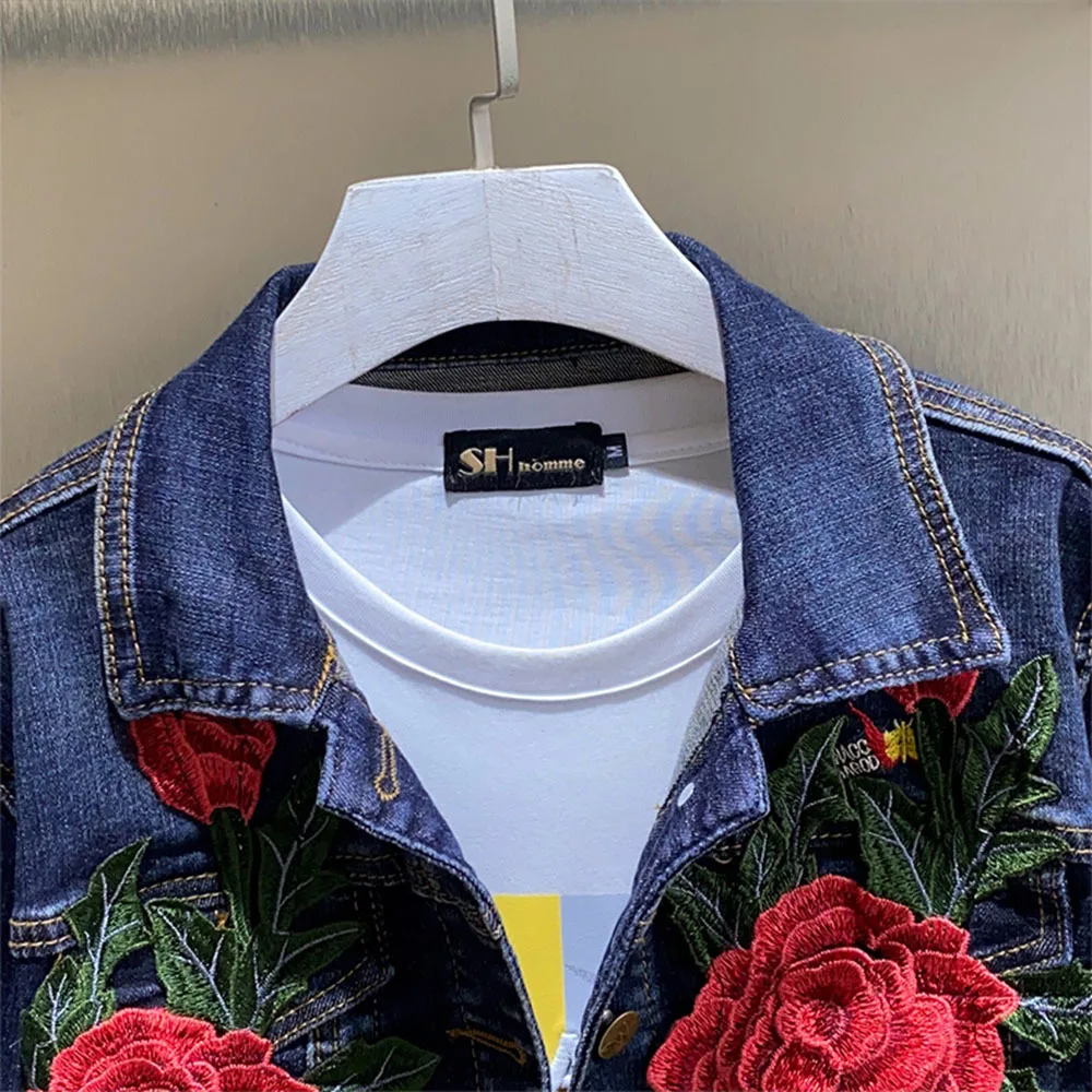 2022 Spring Autumn New Women\'s Embroidery Red Rose Short Denim Jacket Coat Hole Long Sleeve Skinny Dark Blue Jeans Coats