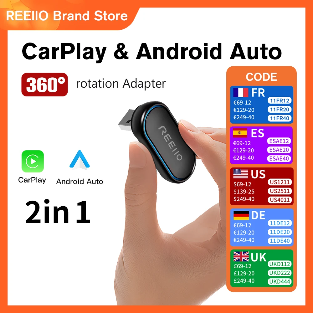 

REEIIONew 2-in-1 360 Degree Wireless Adapter CarPlay Android AUTO Car Dongle USB Smart Mini Box Plug & Play WiFi Fast Connectivi